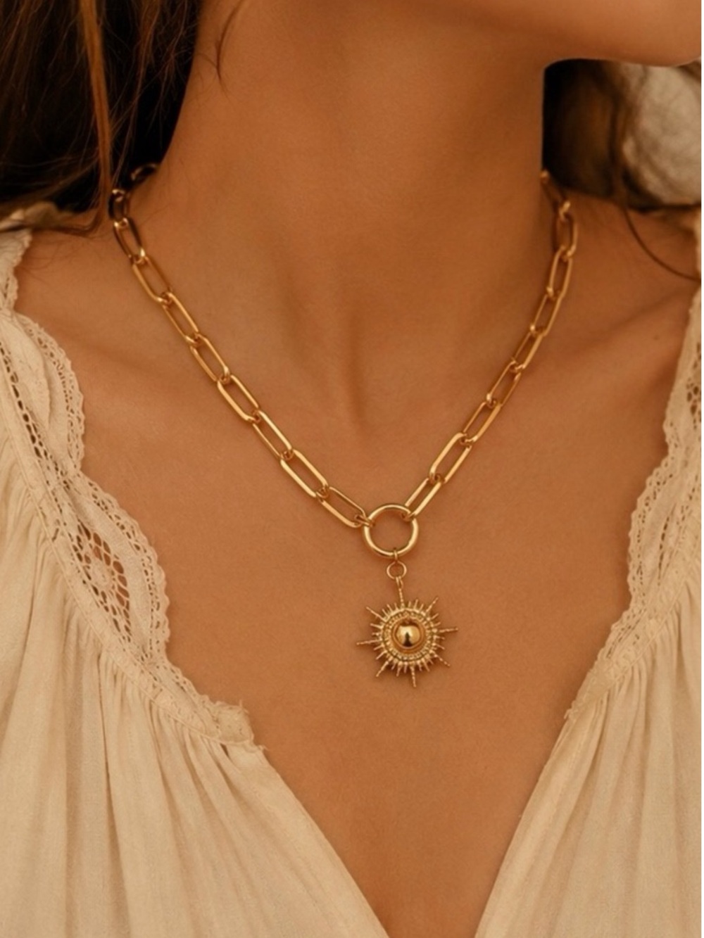 Vintage Sunburst Pendant Chain Necklace